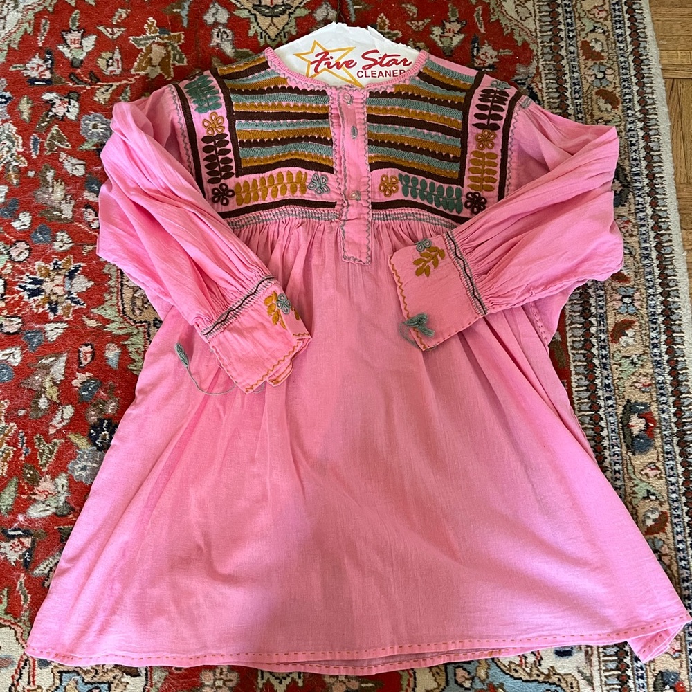 Hand-Embroidered Handmade in Mexico Long-Sleeve Pink Cotton Mini Dress Small
